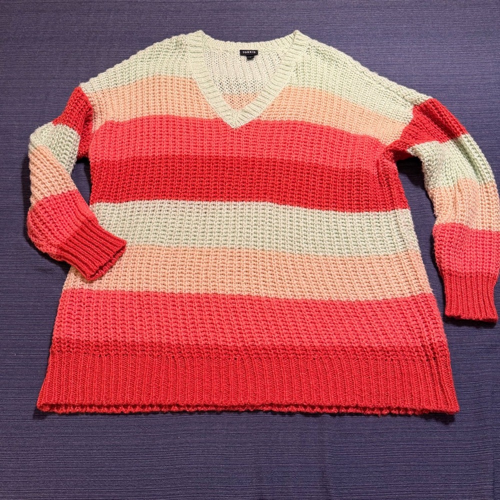 Torrid Striped Shaker Knit V-Neck Sweater Coral Mint‎ Green Plus Size 3 3X